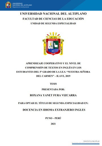 Aprendizaje cooperativo y el nivel de comprensión de textos en inglés en los estudiantes del 5° grado de la I.E.S. “Nuestra Señora del Carmen” - Ilave, 2019