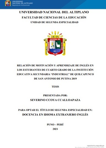 Relación de motivación y aprendizaje de inglés en los estudiantes de cuarto grado de la Institución Educativa Secundaria “Industrial” de Quilcapunco de San Antonio de Putina 2019