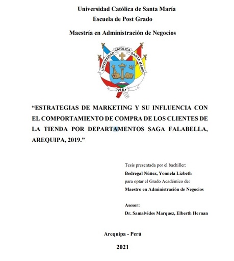 Estrategias de marketing y su influencia con el comportamiento de compra de los clientes de la tienda por departamentos Saga Falabella, Arequipa, 2019