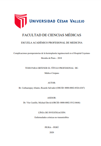 Complicaciones postoperatorias de la hernioplastía inguinocrural en el Hospital Cayetano Heredia de Piura – 2018