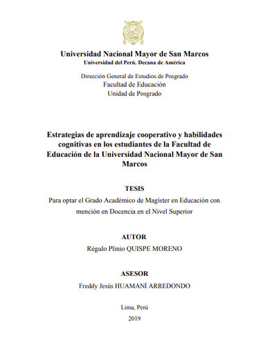 Estrategias de aprendizaje cooperativo y habilidades cognitivas en los estudiantes de la Facultad de Educación de la UNMSM