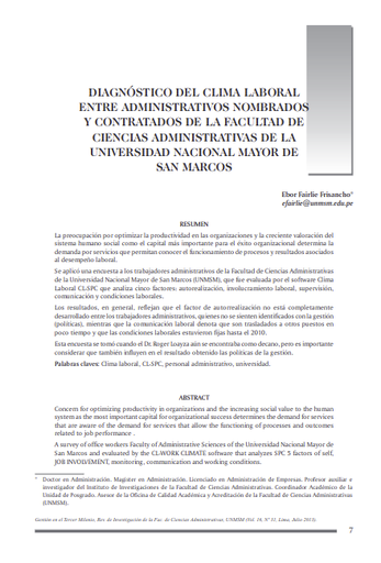 DIAGNÓSTICO DEL CLIMA LABORAL ENTRE ADMINISTRATIVOS NOMBRADOS y CONTRATADOS DE LA FACULTAD DE CIENCIAS ADMINISTRATIVAS DE LA UNMSM