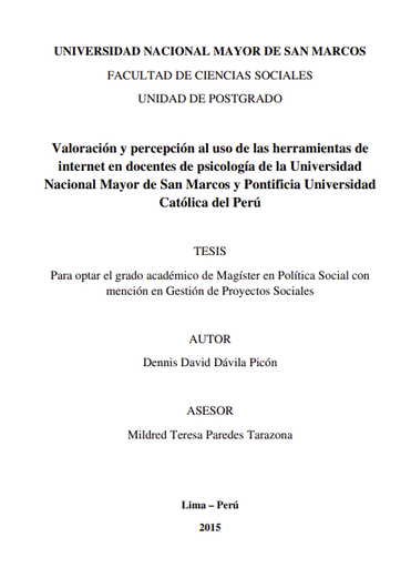 Valoración y percepción al uso de las herramientas de internet en docentes de psicología de la UNMSM Y PUC