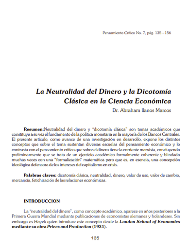 La Neutralidad del Dinero y la Dicotomía Clásica en la Ciencia Económica