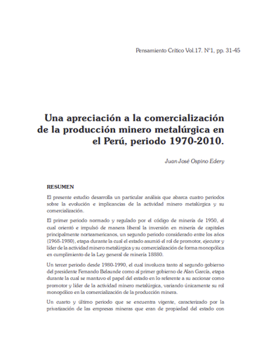 Una apreciación a la comercialización de la producción minero metalúrgica en el Perú, periodo 1970-2010