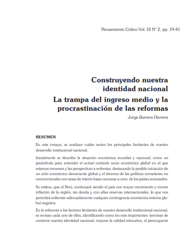 Construyendo nuestra identidad nacional La trampa del ingreso medio y la procrastinación de las reformas