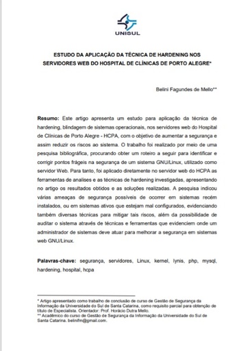 Estudo da aplicação da técnica de hardening nos servidores web do hospital de clínicas de Porto Alegre