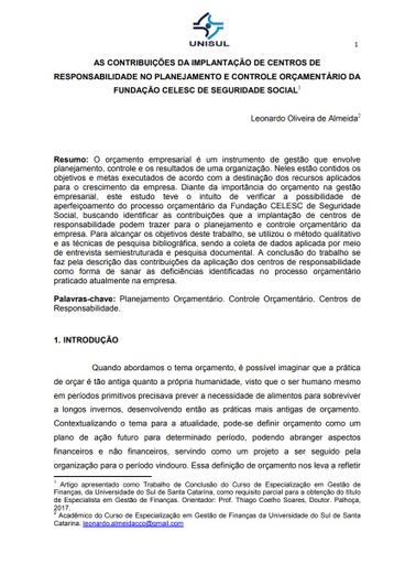 As contribuições da implantação de centros de responsabilidade no planejamento e controle orçamentário da Fundação CELESC de Seguridade Social