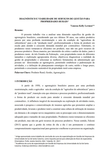 Diagnóstico e viabilidade de serviços de gestão para propriedades rurais