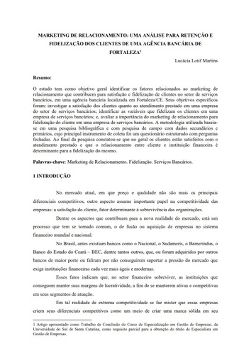 Marketing de relacionamento: uma análise para retenção e fidelização dos clientes de uma agência bancária de Fortaleza