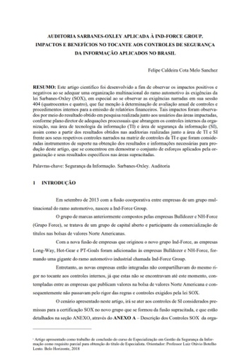 Auditoria Sarbanes Oxley aplicada à Indforce Group. Impactos e benefícios no tocante aos controles de segurança da informação aplicados no Brasil