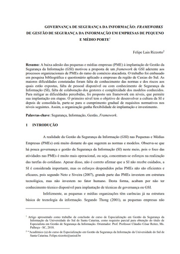 Governança de segurança da informação: frameworks de gestão de segurança da informação em empresas de pequeno e médio porte