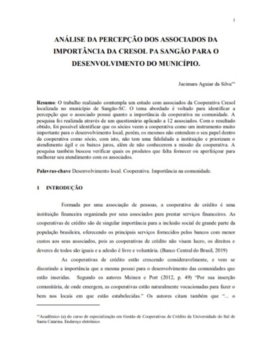 Análise da percepção dos associados da importância da Cresol PA Sangão para o desenvolvimento do município