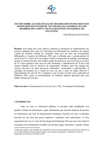 Estudo sobre as estratégias de melhoramento dos serviços ofertados pelo setor de tecnologia da informação aos membros do campus colinas do instituto federal do Tocantins