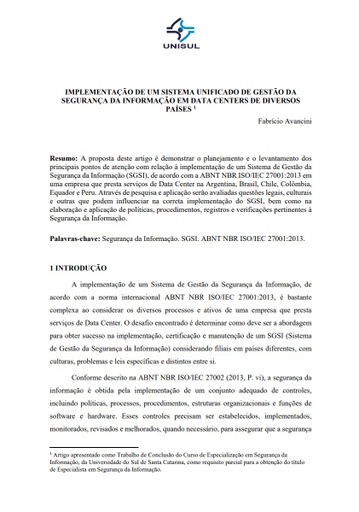 Implementação de um sistema unificado de gestão da segurança da informação em data centers de diversos países