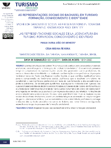 AS REPRESENTAÇÕES SOCIAIS DO BACHAREL EM TURISMO: FORMAÇÃO, CONHECIMENTO E IDENTIDADE