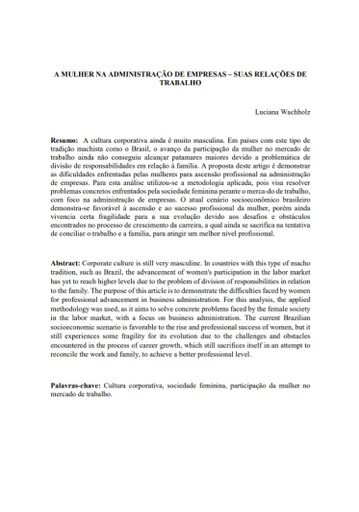 A mulher na administração de empresas – suas relações de trabalho