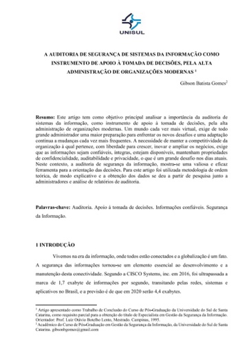 A auditoria de segurança de sistemas da informação como instrumento de apoio à tomada de decisões, pela alta administração de organizações modernas