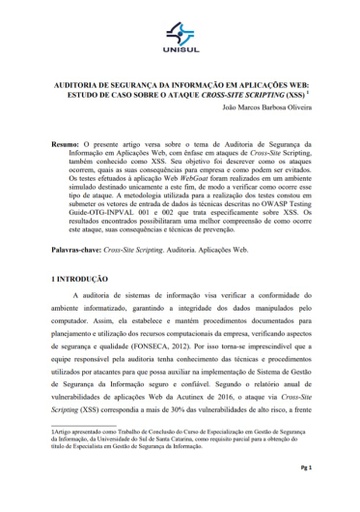 Auditoria de segurança da informação em aplicações web: estudo de caso sobre o ataque Cross-Site Scripting