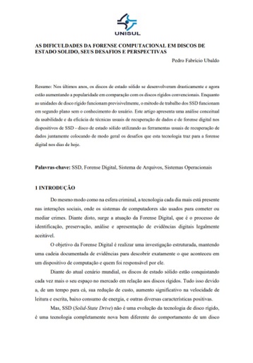 As dificuldades da forense computacional em discos de estado solido, seus desafios e perspectivas