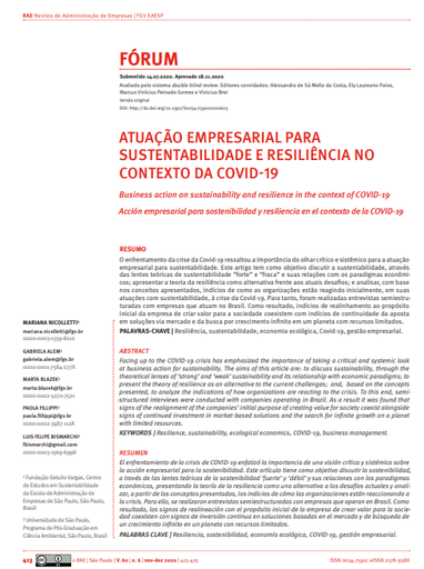 ATUAÇÃO EMPRESARIAL PARA SUSTENTABILIDADE E RESILIÊNCIA NO CONTEXTO DA COVID-19