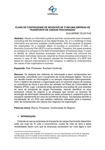 Plano de continuidade de negócios de TI em uma empresa de transporte de cargas fracionadas