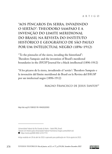 “AOS PÍNCAROS DA SERRA, INVADINDO O SERTÃO”: THEODORO SAMPAIO E A INVENÇÃO DO LIMITE MERIDIONAL DO BRASIL NA REVISTA DO INSTITUTO HISTÓRICO E GEOGRÁFICO DE SÃO PAULO POR UM INTELECTUAL NEGRO (1896-1912)