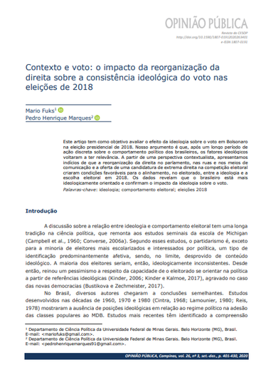 Contexto e voto: o impacto da reorganização da direita sobre a consistência ideológica do voto nas eleições de 2018