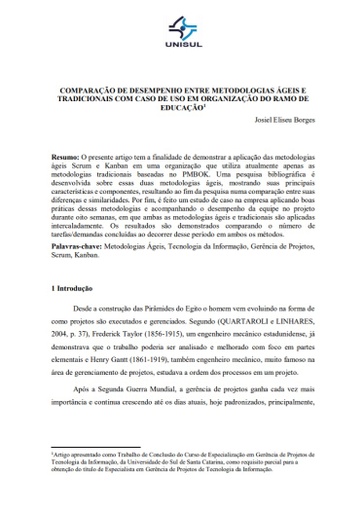 Comparação de desempenho entre metodologias ágeis e tradicionais com caso de uso em organização do ramo de educação