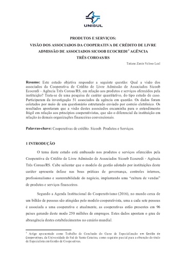Produtos e serviços: visão dos associados da Cooperativa de Crédito de Livre Admissão de Associados Sicoob Ecocredi agência Três Coroas/ RS