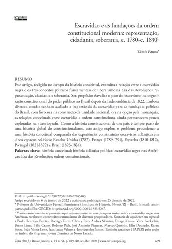 Escravidão e as fundações da ordem constitucional moderna: representação, cidadania, soberania, c. 1780-c. 1830