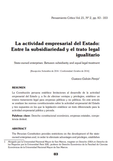 La actividad empresarial del Estado: Entre la subsidiariedad y el trato legal igualitario