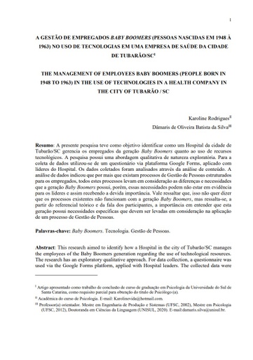 A gestão de empregados baby boomers (pessoas nascidas em 1948 à 1963) no uso de tecnologias em uma empresa de saúde da cidade de Tubarão/SC