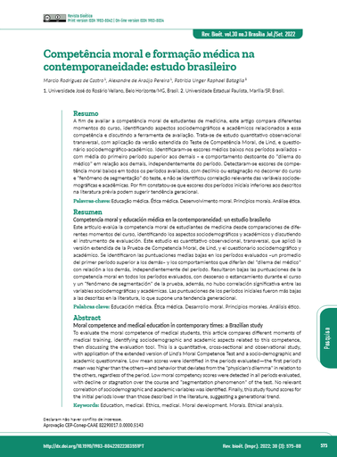 Competência moral e formação médica na contemporaneidade: estudo brasileiro