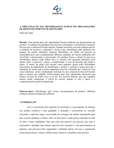 A implantação das metodologias Scrum em organizações de desenvolvimento de softwares