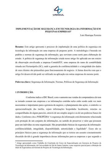 Implementação de segurança em tecnologia da informação em pequenas empresas