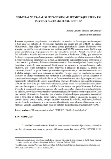 Bem-estar no trabalho de profissionais técnicos que atuam em um CREAS da Grande Florianópolis