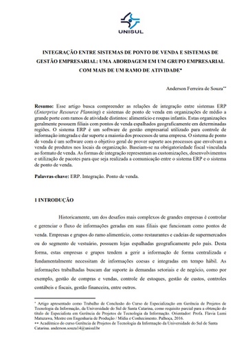 Integração entre sistemas de ponto de venda e sistemas de gestão empresarial: uma abordagem em um grupo empresarial com mais de um ramo de atividade