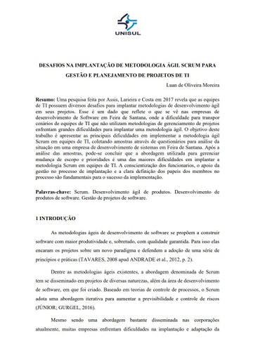 Desafios na implantação de metodologia ágil SCRUM para gestão e planejamento de projetos de TI