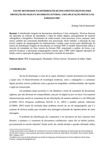 Uso de metadados na distribuição de documentos digitais para proteção do sigilo e do direito autoral: uma aplicação prática ao formato pdf