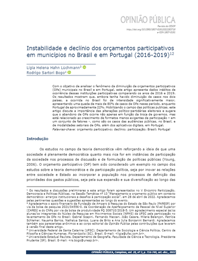 Instabilidade e declínio dos orçamentos participativos em municípios no Brasil e em Portugal (2016-2019),