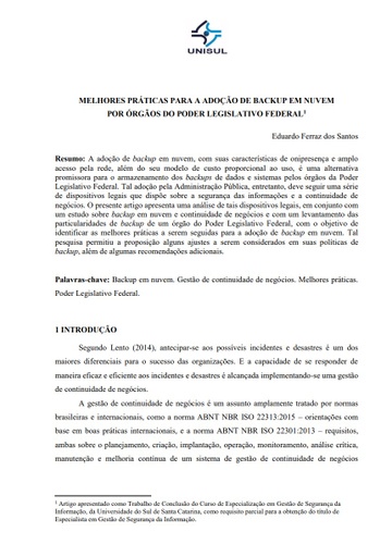 Melhores práticas para a adoção de backup em nuvem por órgãos do Poder Legislativo Federal