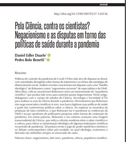 Pela Ciência, contra os cientistas? Negacionismo e as disputas em torno das políticas de saúde durante a pandemia