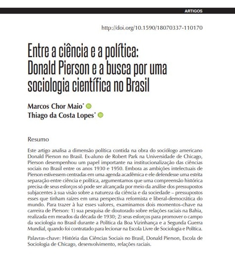 Entre a ciência e a política: Donald Pierson e a busca por uma sociologia científica no Brasil