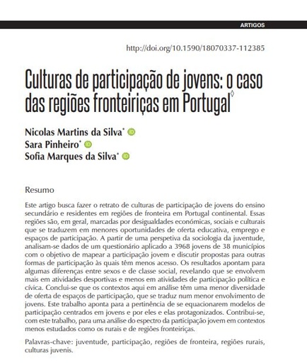 Culturas de participação de jovens: o caso das regiões fronteiriças em Portugal