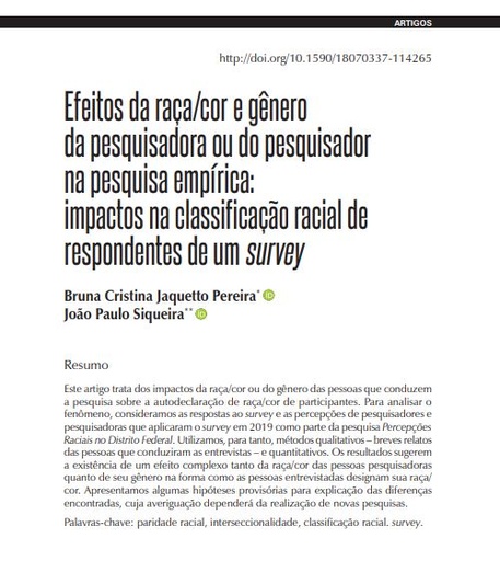 Efeitos da raça/cor e gênero da pesquisadora ou do pesquisador na pesquisa empírica: impactos na classificação racial de respondentes de um survey