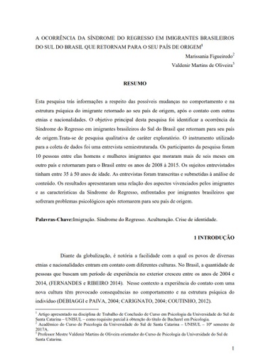 A ocorrência da síndrome do regresso em imigrantes brasileiros do sul do Brasil que retornam para o seu país de origem