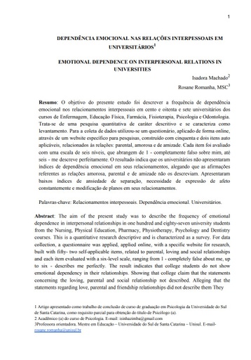 Dependência emocional nas relações interpessoais em universitários