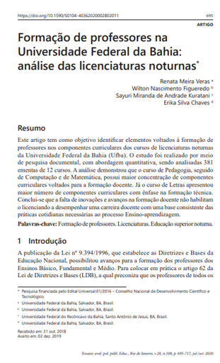 Formação de professores na Universidade Federal da Bahia: análise das licenciaturas noturnas
