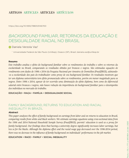 BACKGROUND FAMILIAR, RETORNOS DA EDUCAÇÃO E DESIGUALDADE RACIAL NO BRASIL